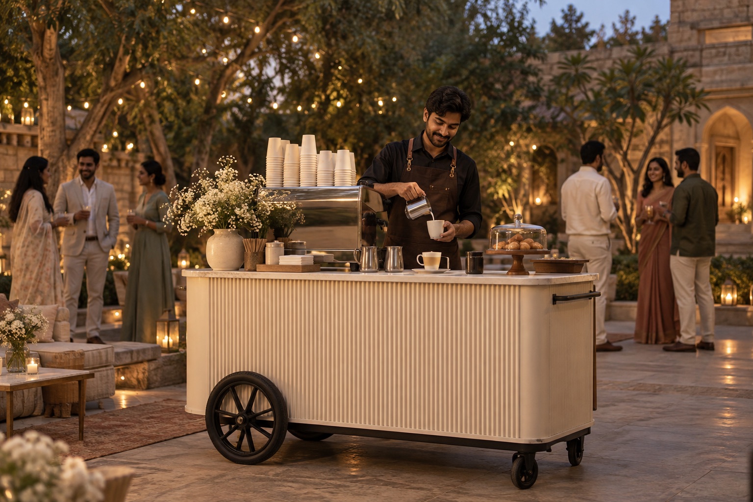 Coffee cart concept in a candlelit celebration courtyard