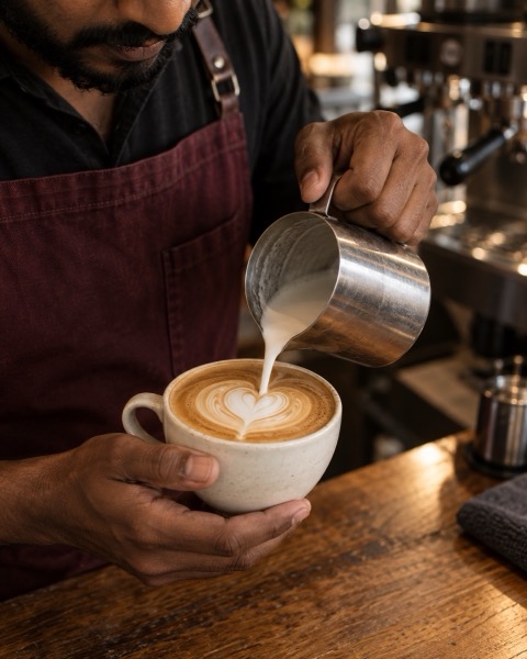 A barista pouring heart-shaped latte art into a ceramic cup