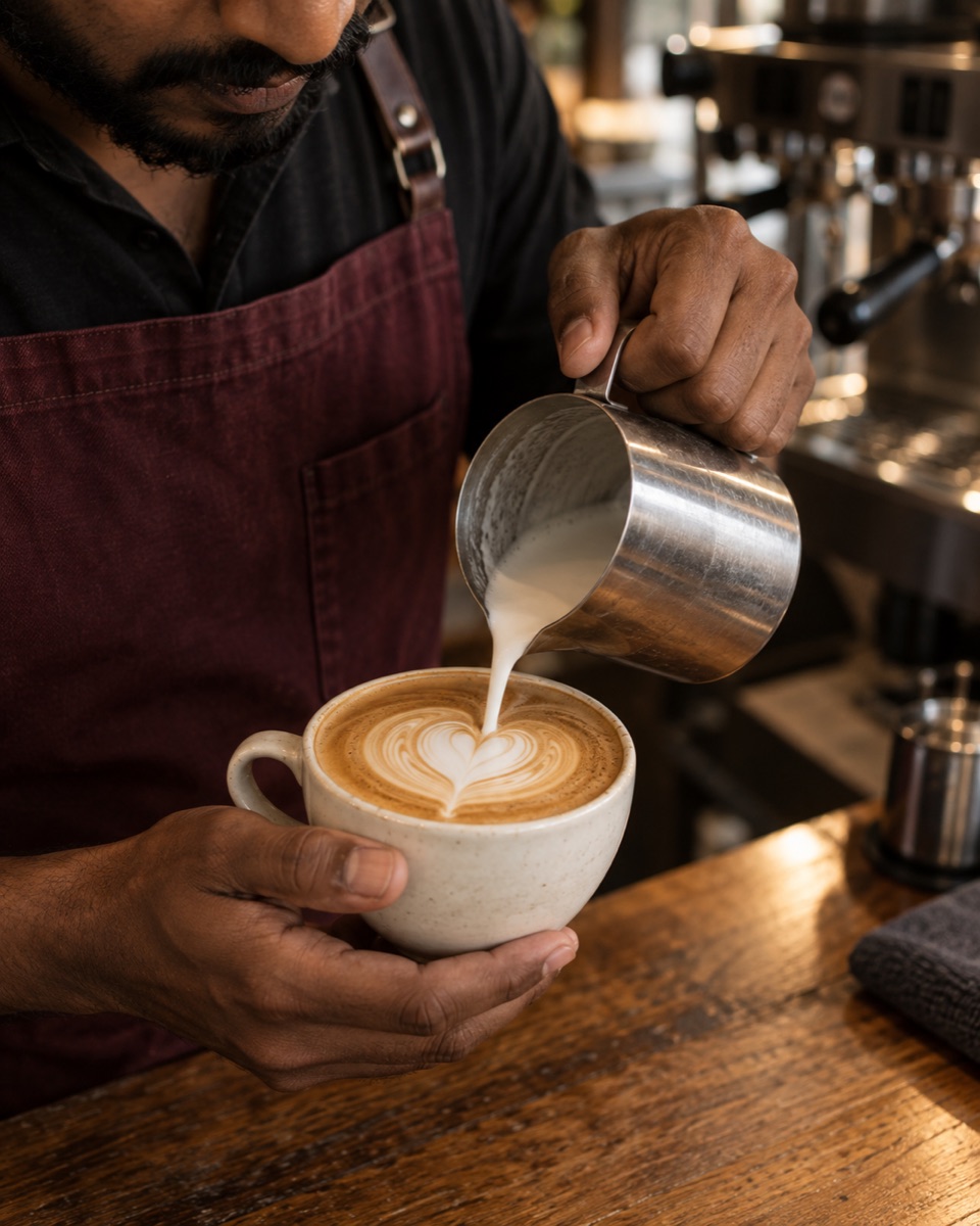 Silky milk poured into espresso, one cup at a time